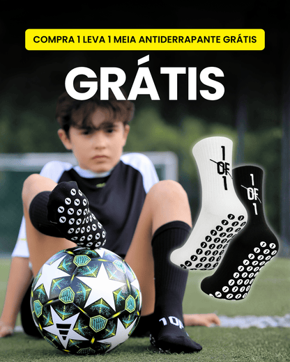 1OF1 kids shin pad worn on leg — velcro-free fit ages 7–12